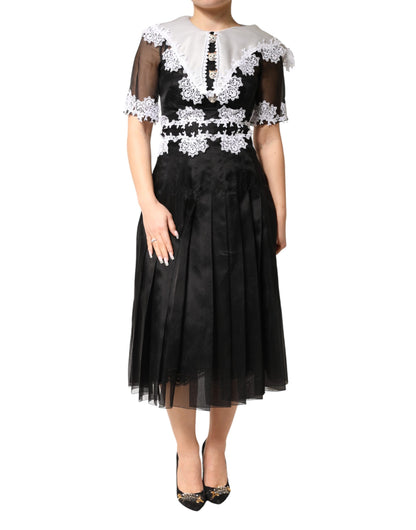 Dolce & Gabbana Black and White Silk Macrame Lace Midi Dress