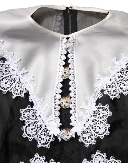 Dolce & Gabbana Black and White Silk Macrame Lace Midi Dress
