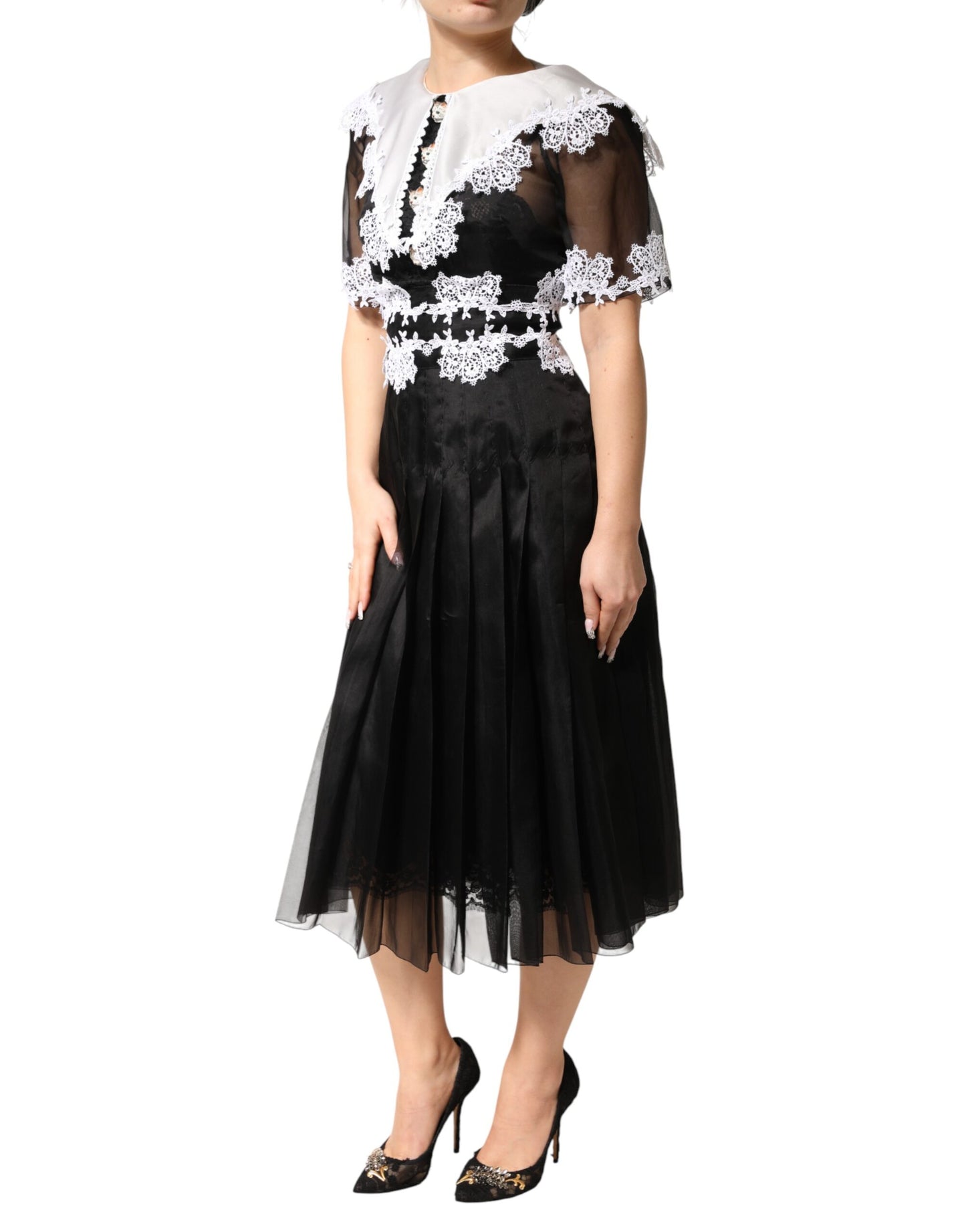 Dolce & Gabbana Black and White Silk Macrame Lace Midi Dress