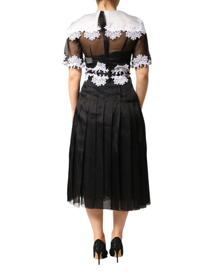 Dolce & Gabbana Black and White Silk Macrame Lace Midi Dress