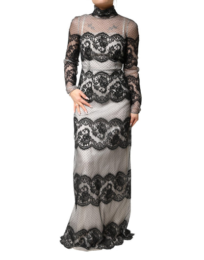 Dolce & Gabbana Black White Lace Silk Blend Maxi Sheath Dress