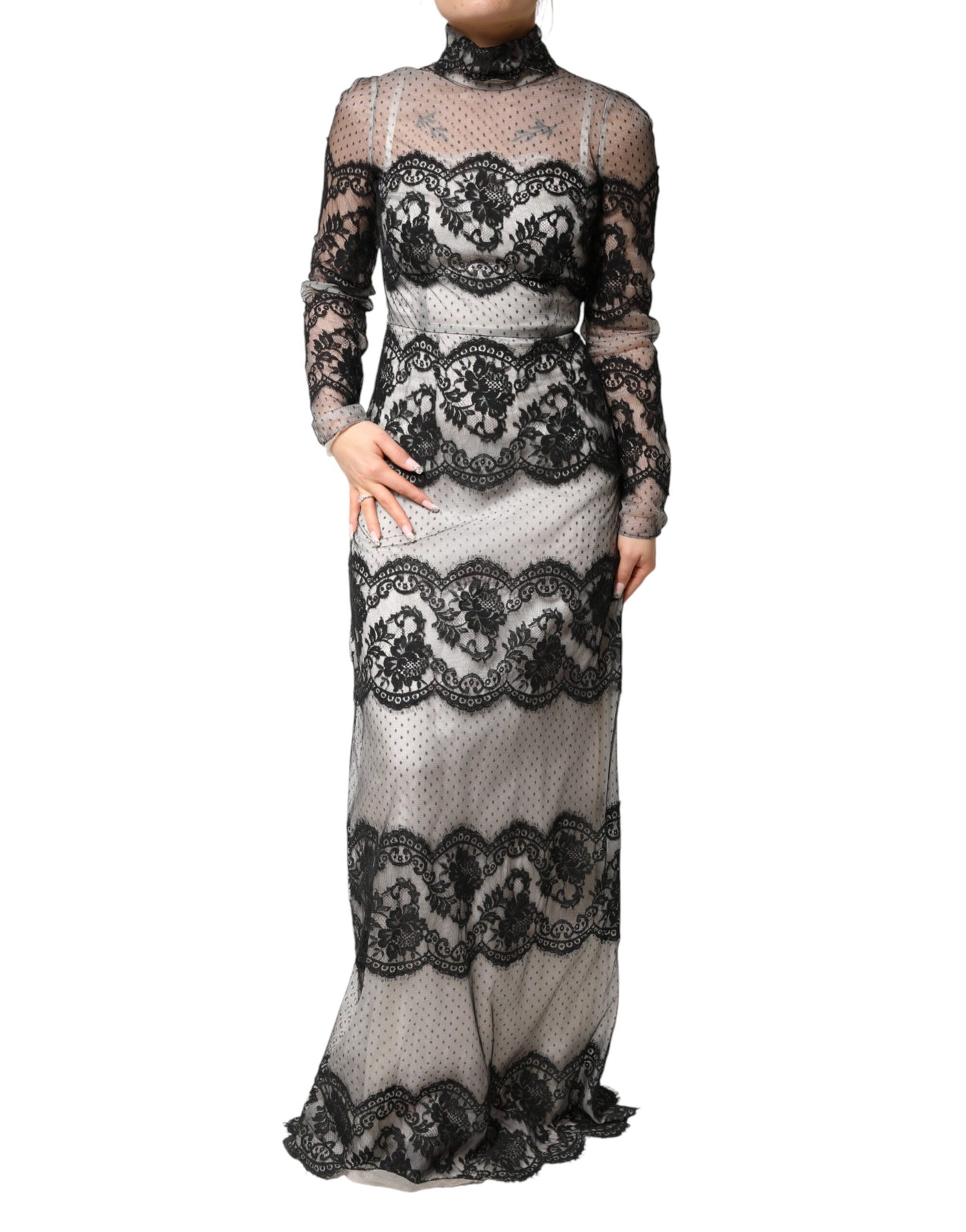 Dolce & Gabbana Black White Lace Silk Blend Maxi Sheath Dress