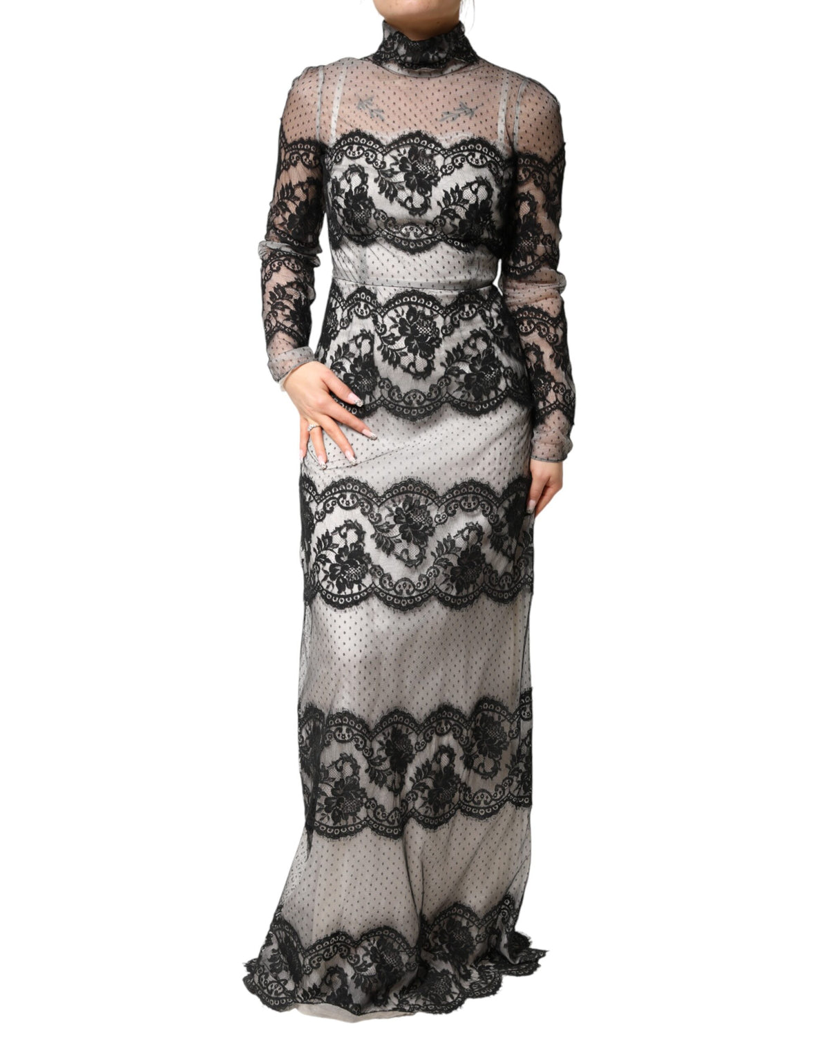 Dolce & Gabbana Black White Lace Silk Blend Maxi Sheath Dress