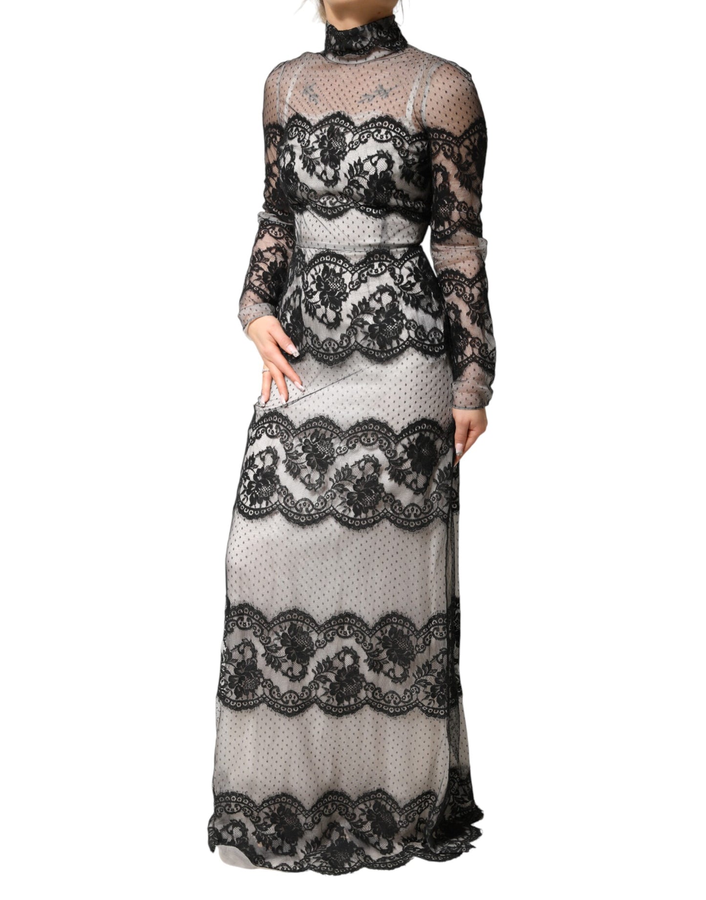 Dolce & Gabbana Black White Lace Silk Blend Maxi Sheath Dress