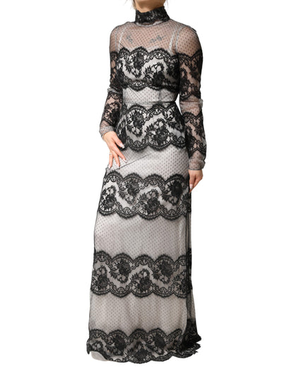 Dolce & Gabbana Black White Lace Silk Blend Maxi Sheath Dress