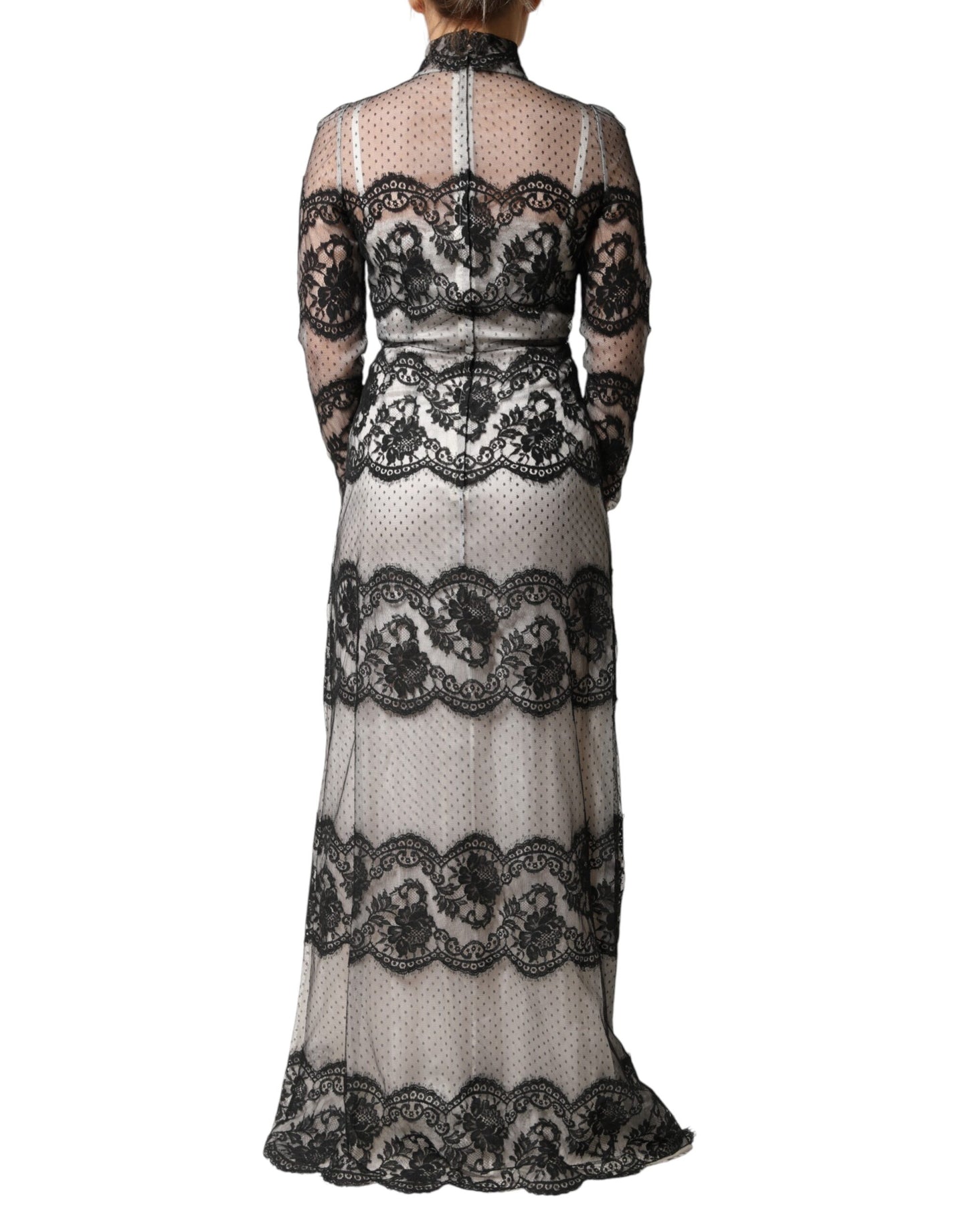 Dolce & Gabbana Black White Lace Silk Blend Maxi Sheath Dress