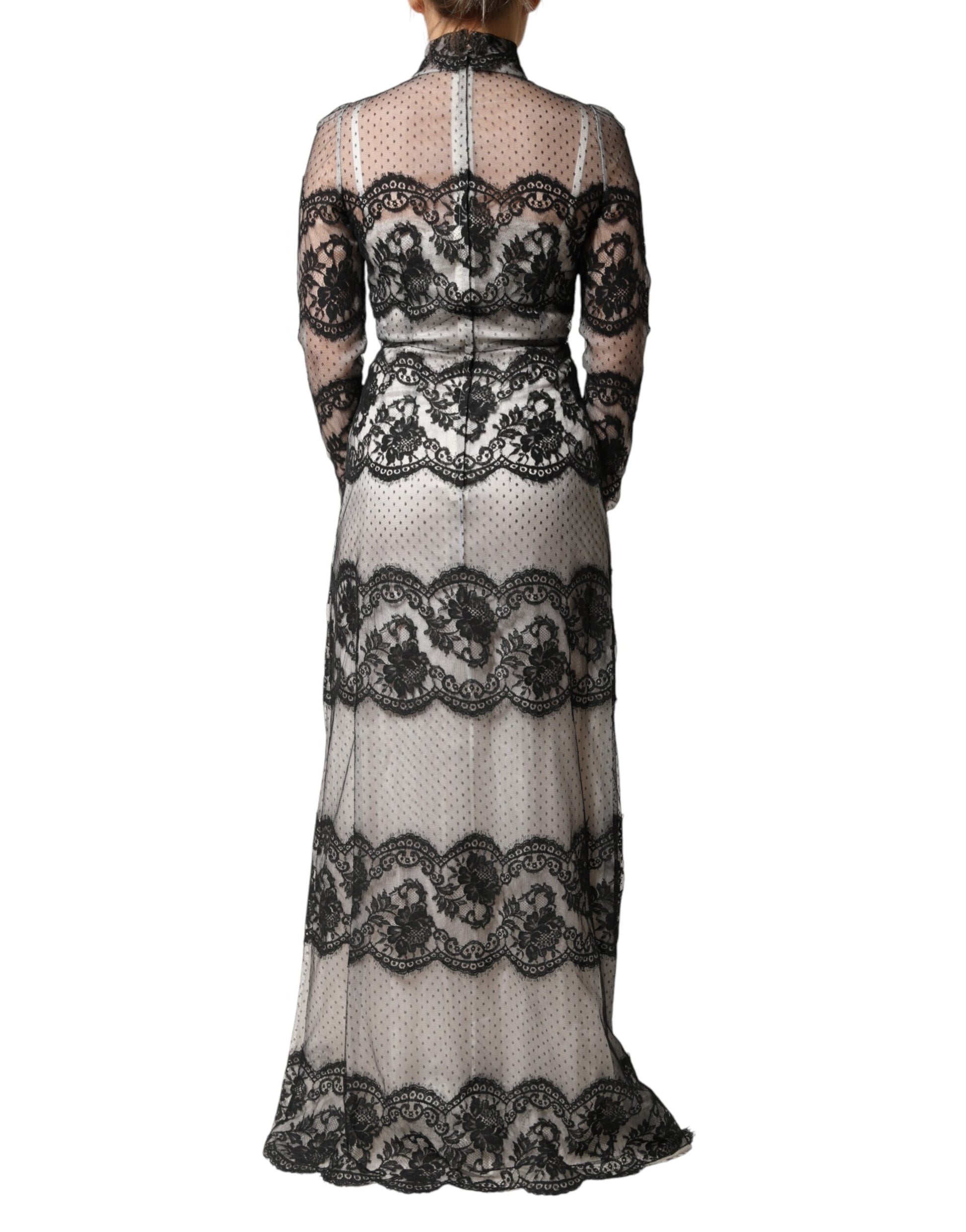Dolce & Gabbana Black White Lace Silk Blend Maxi Sheath Dress