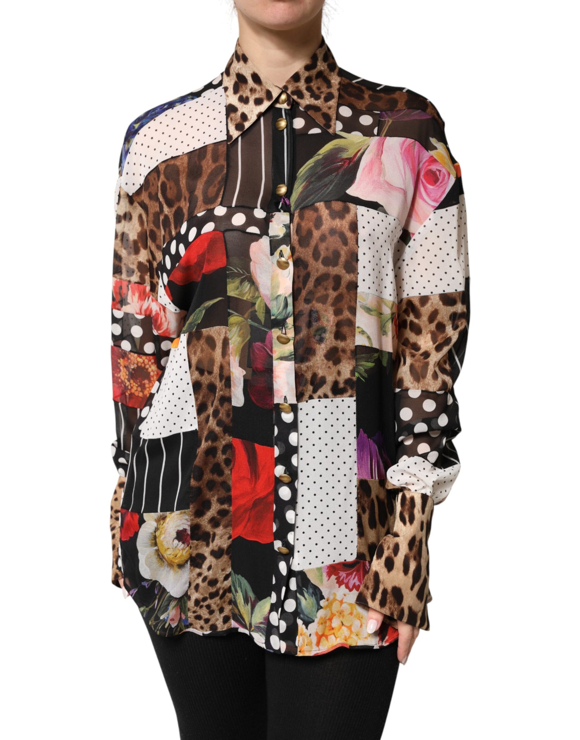 Dolce & Gabbana Multicolor Patchwork Silk Collared Blouse Top