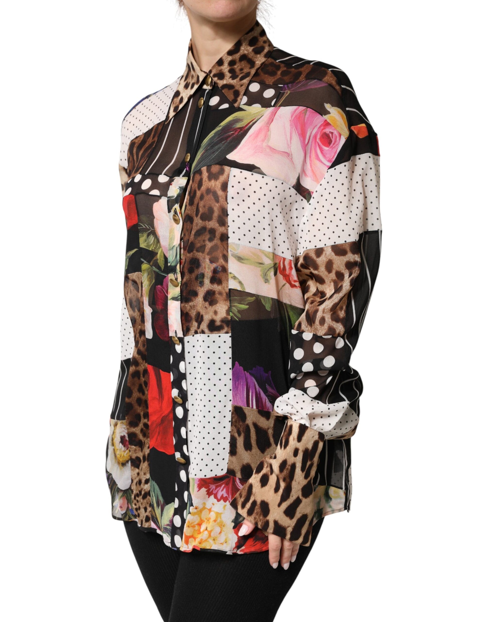 Dolce & Gabbana Multicolor Patchwork Silk Collared Blouse Top
