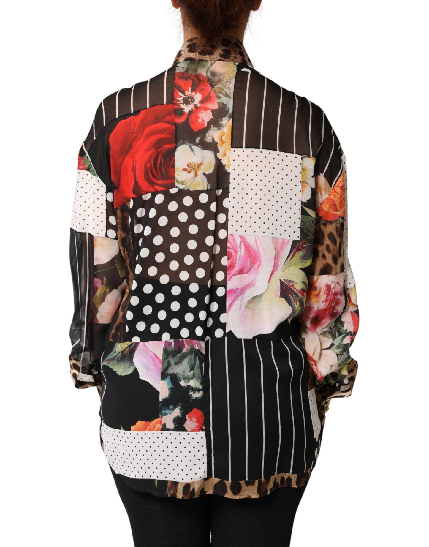 Dolce & Gabbana Multicolor Patchwork Silk Collared Blouse Top