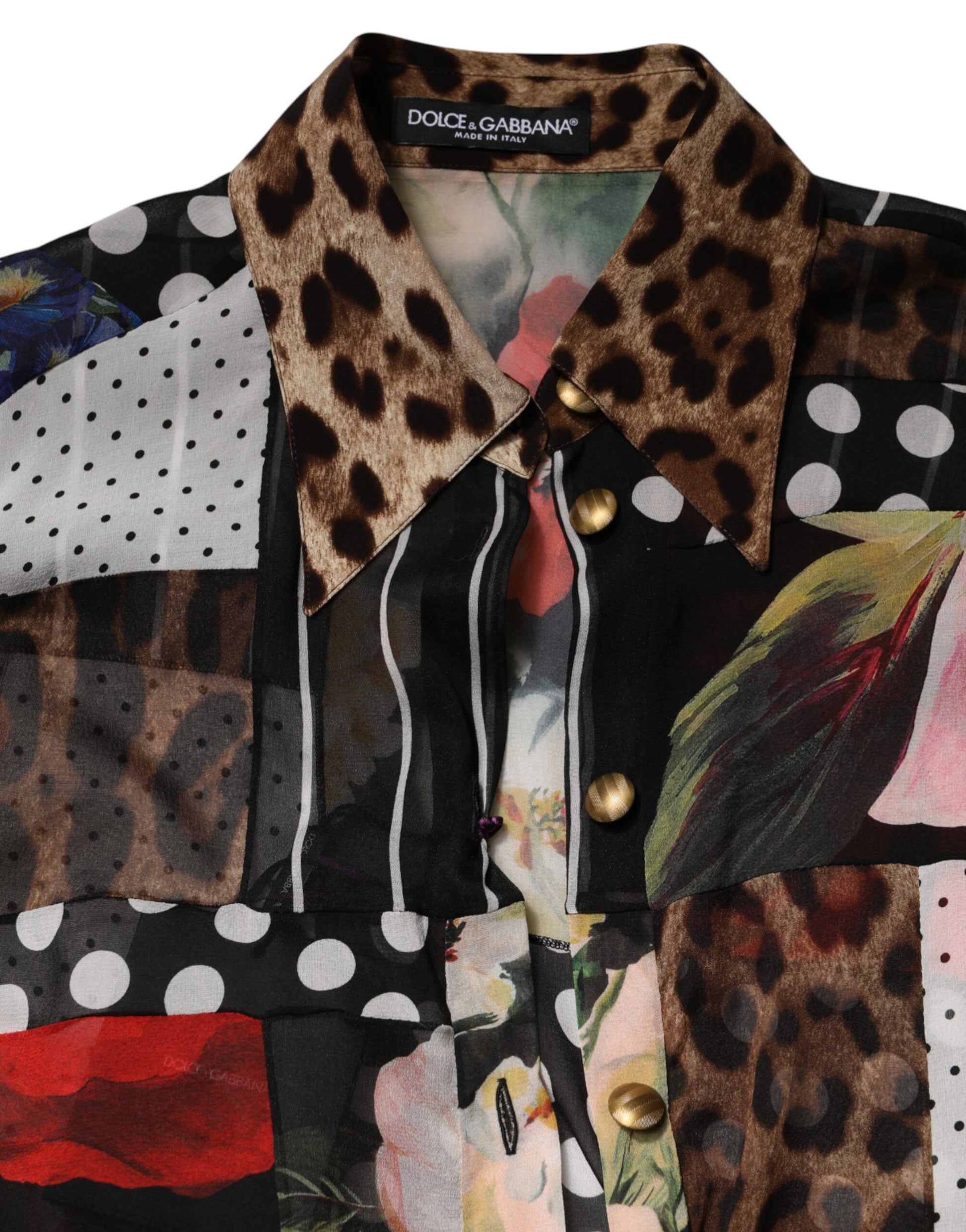 Dolce & Gabbana Multicolor Patchwork Silk Collared Blouse Top