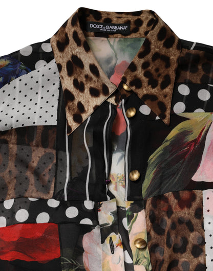 Dolce & Gabbana Multicolor Patchwork Silk Collared Blouse Top