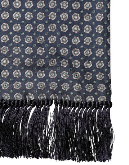 Dolce & Gabbana Blue Patterned Silk Fringes Foulard Scarf