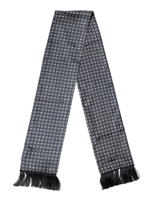 Dolce & Gabbana Blue Patterned Silk Fringes Foulard Scarf