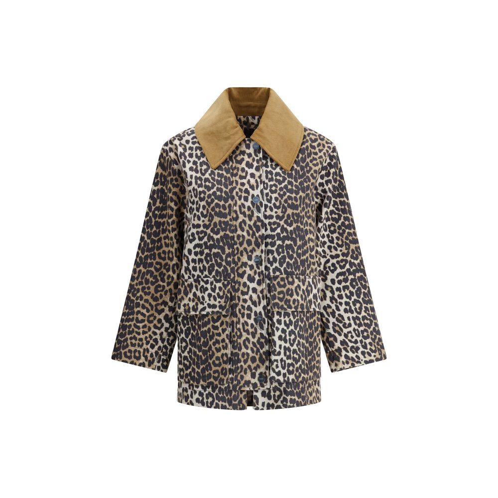 Ganni Brown Hemp Coat with Leopard Print