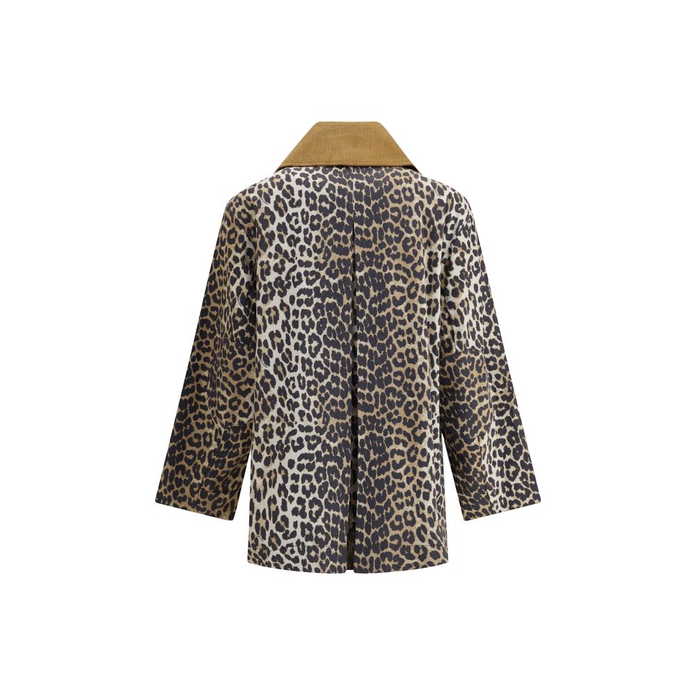 Ganni Brown Hemp Coat with Leopard Print