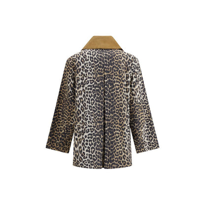 Ganni Brown Hemp Coat with Leopard Print