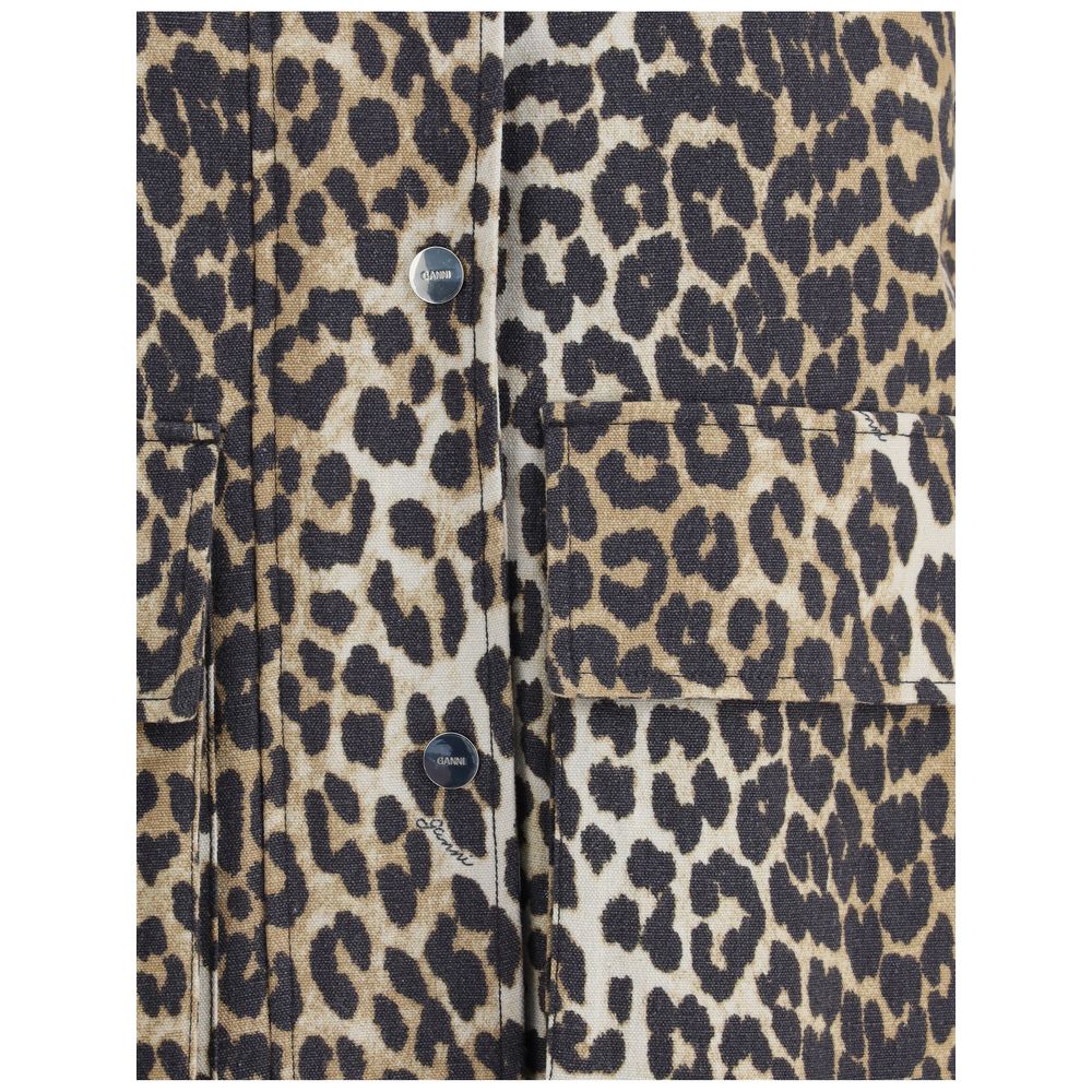 Ganni Brown Hemp Coat with Leopard Print