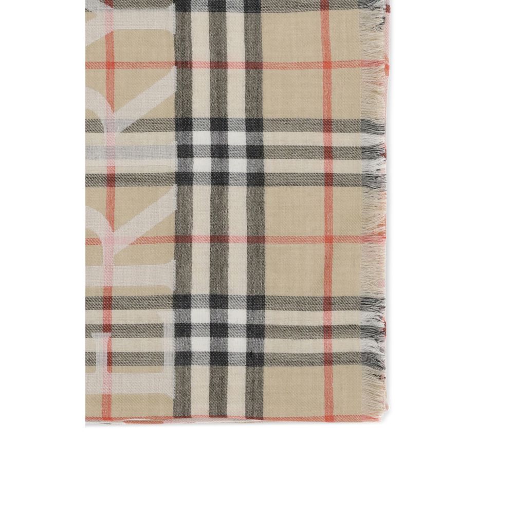 Burberry Beige Wool Check Scarf with EKD