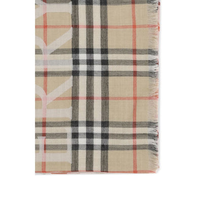 Burberry Beige Wool Check Scarf with EKD