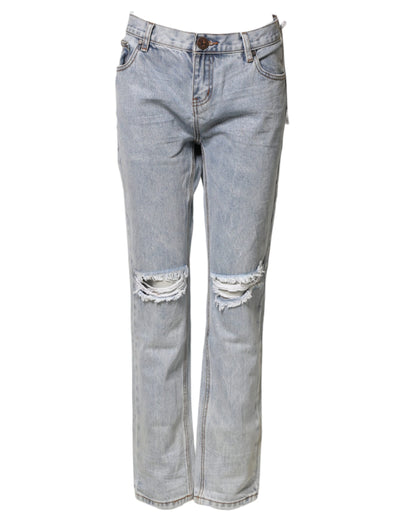 One Teaspoon Light Blue Tattered Mid Waist Straight Denim Jeans