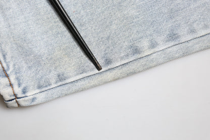 One Teaspoon Light Blue Tattered Mid Waist Straight Denim Jeans