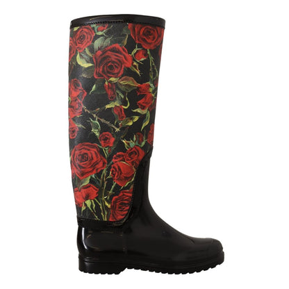 Dolce & Gabbana Black Polyvinyl Rain Boots with Red Roses Pattern