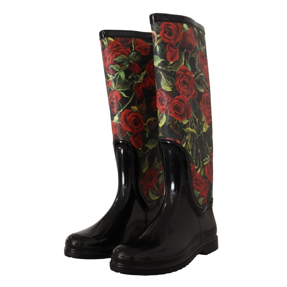 Dolce & Gabbana Black Polyvinyl Rain Boots with Red Roses Pattern