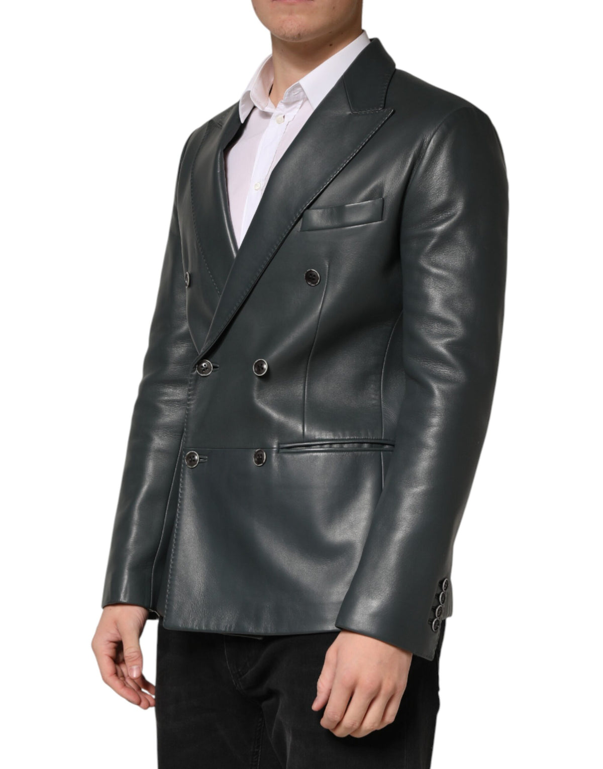 Dolce & Gabbana Black Leather Double Breasted 2Button Blazer