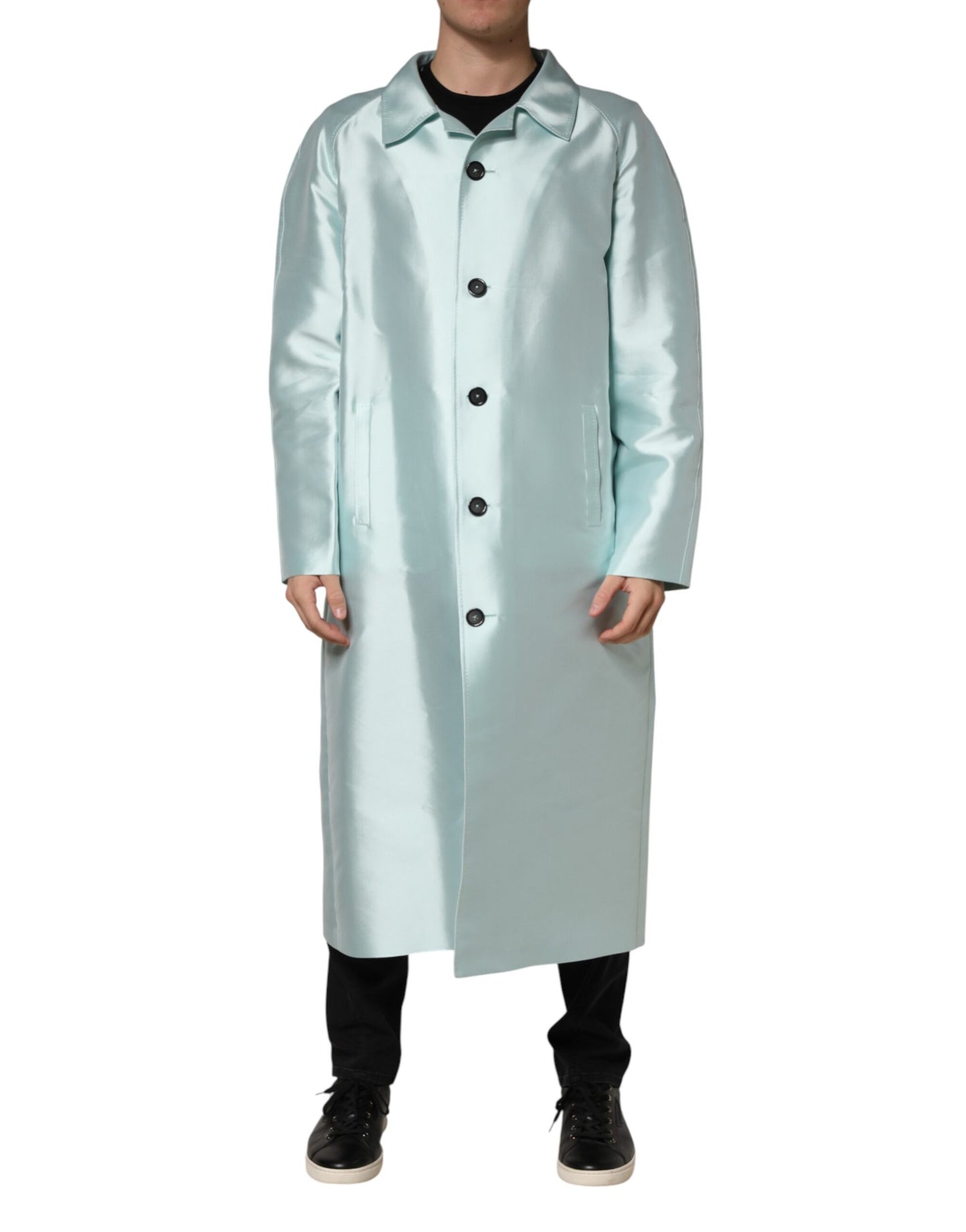 Dolce & Gabbana Teal Satin Collared Long Trench Coat Jacket