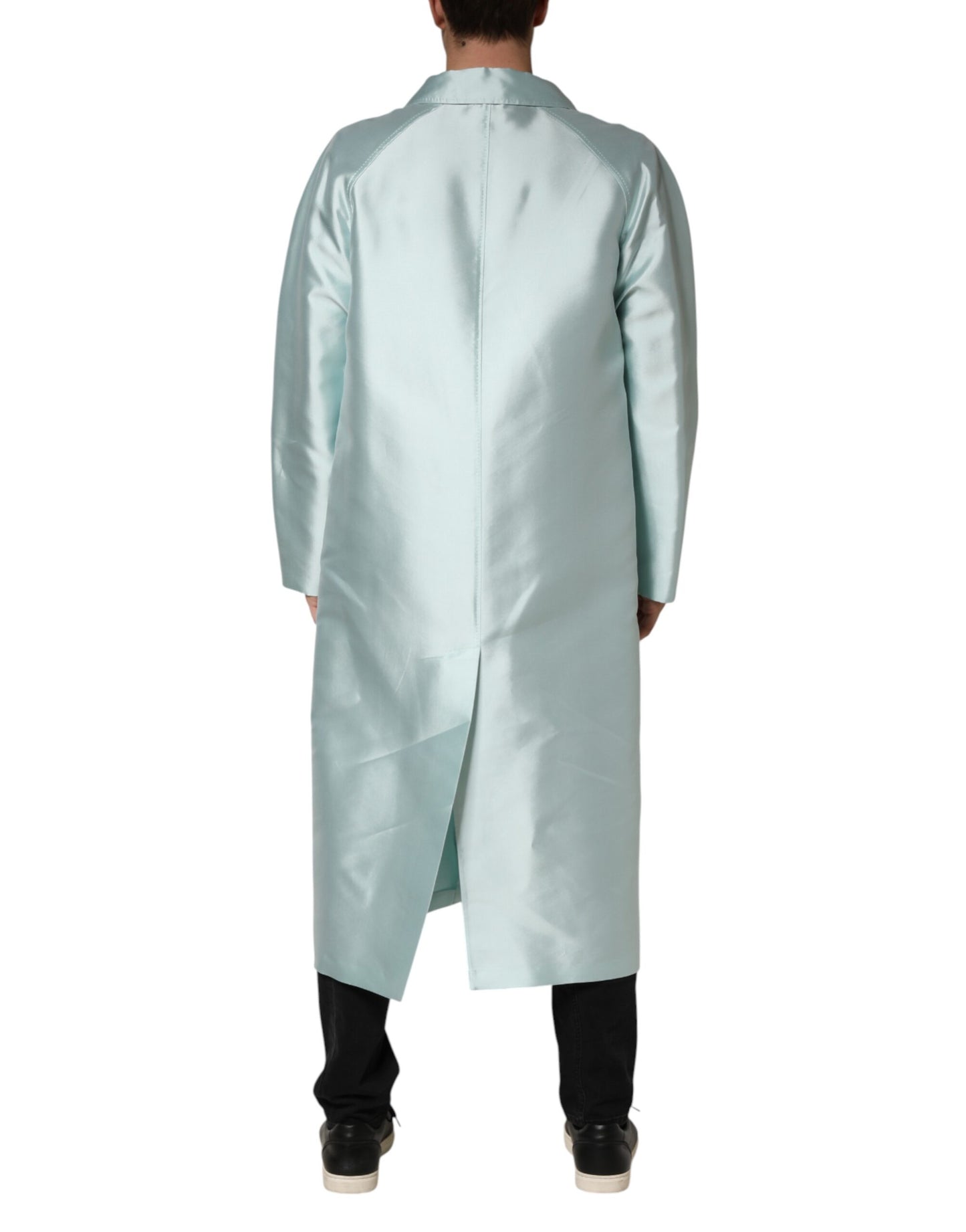 Dolce & Gabbana Teal Satin Collared Long Trench Coat Jacket