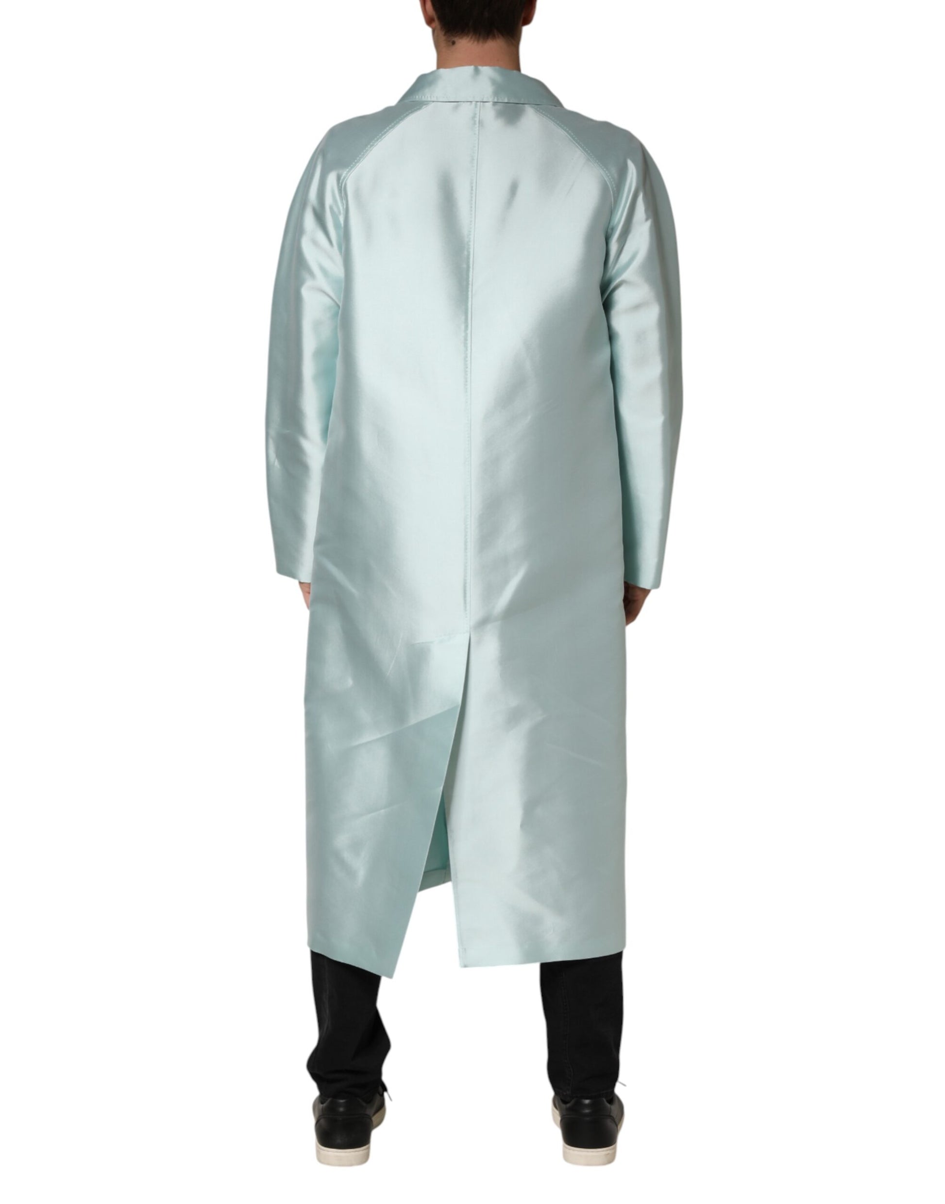 Dolce & Gabbana Teal Satin Collared Long Trench Coat Jacket