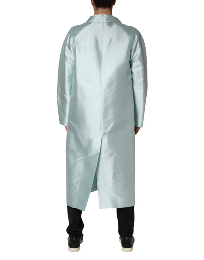 Dolce & Gabbana Teal Satin Collared Long Trench Coat Jacket