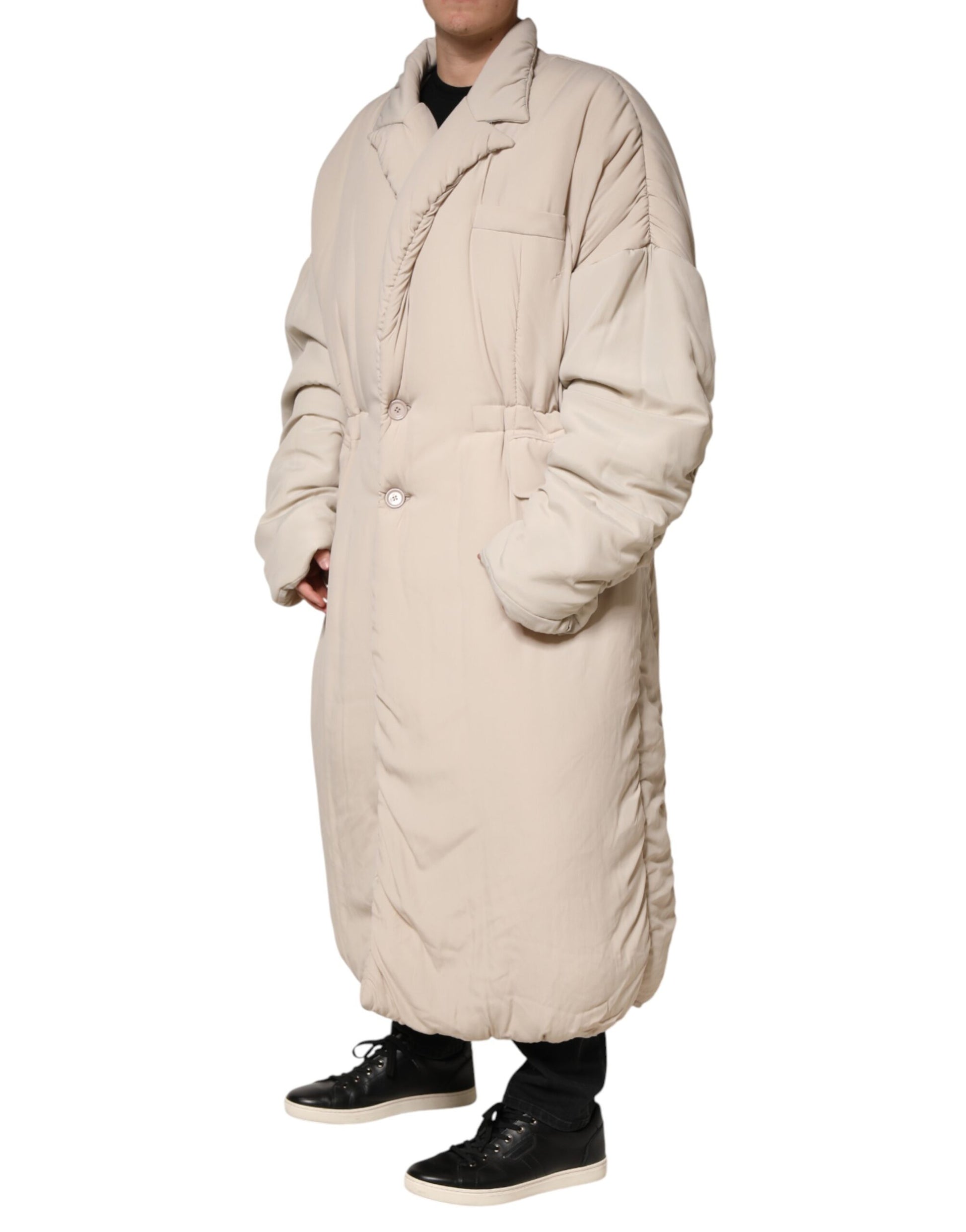 Dolce & Gabbana Beige Padded Collared Long Trench Coat Jacket