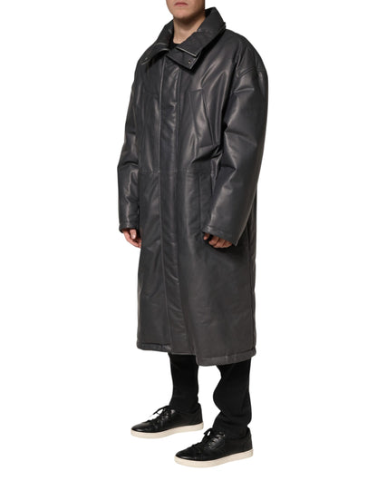 Dolce & Gabbana Black Leather Collared Trench Coat Jacket