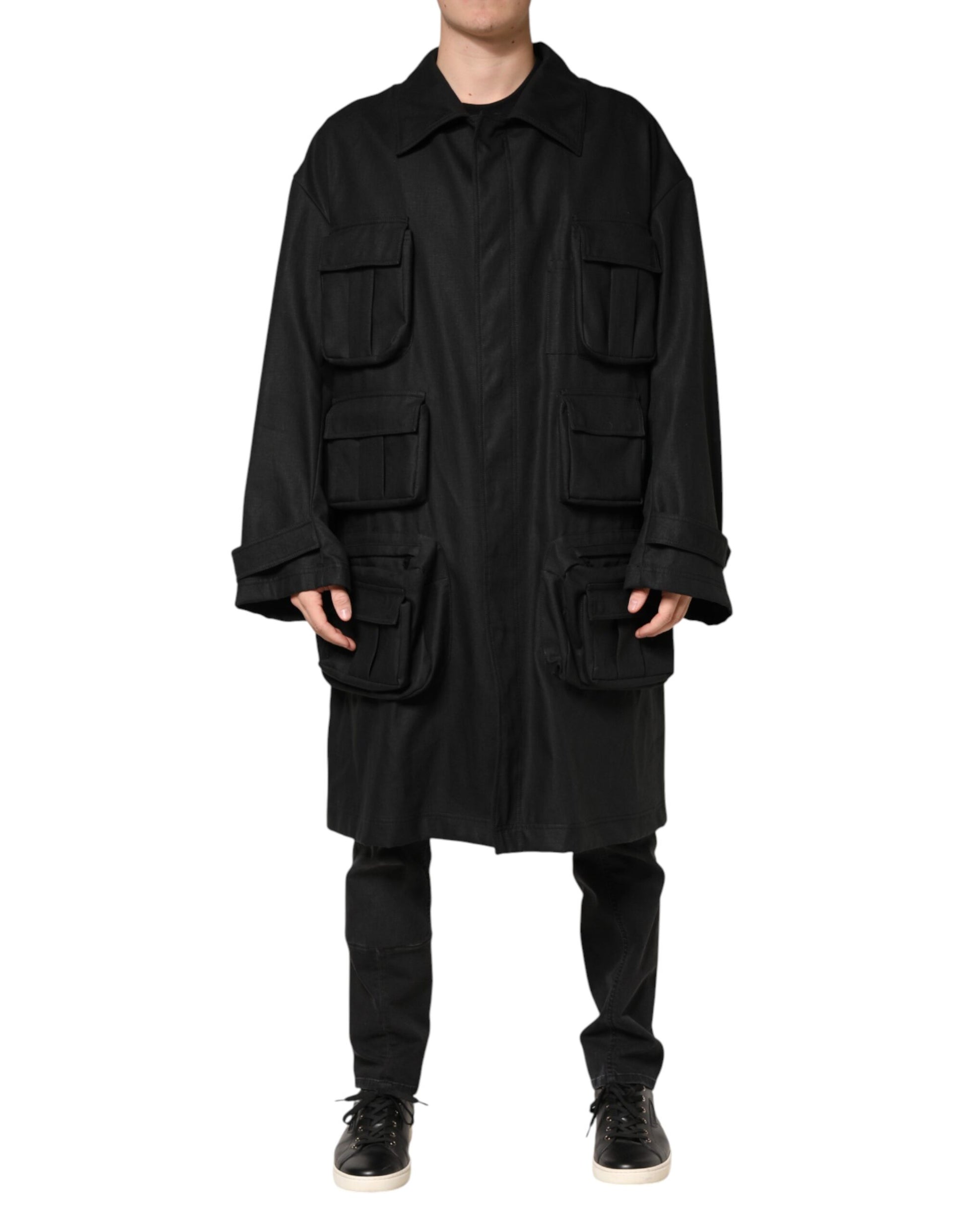 Dolce & Gabbana Black Pockets Collared Trench Coat Jacket