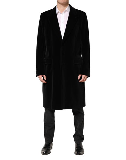 Dolce & Gabbana Black Cotton Velvet Long Trench Coat Jacket