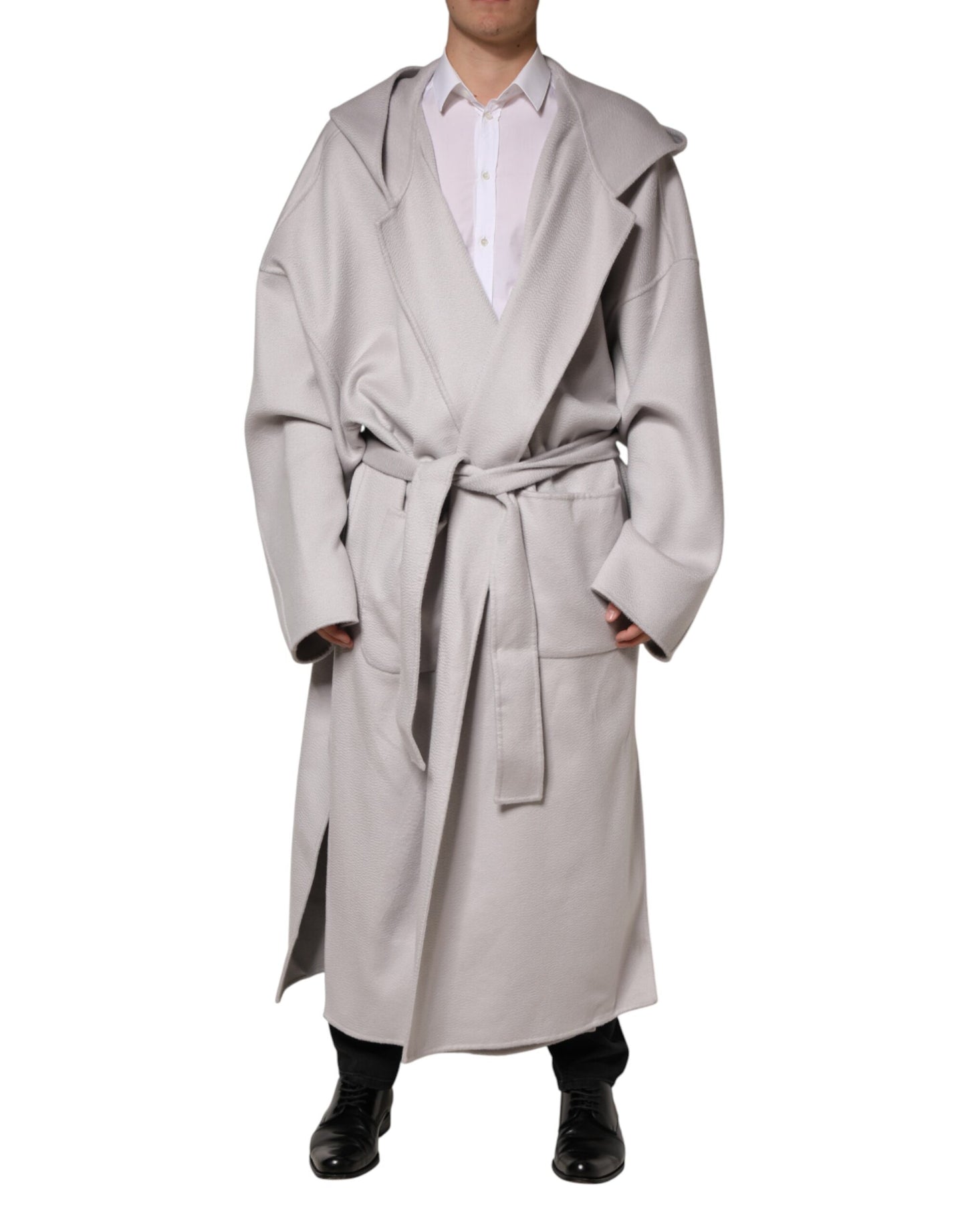 Dolce & Gabbana Off White Belted Oversized Hooded Trench Coat for Men