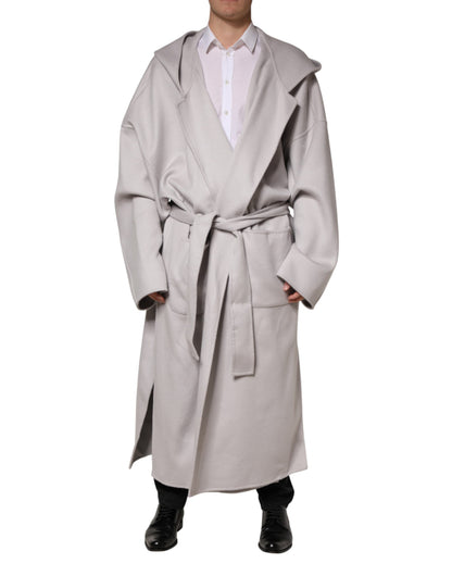 Dolce & Gabbana Off White Belted Oversized Hooded Trench Coat for Men