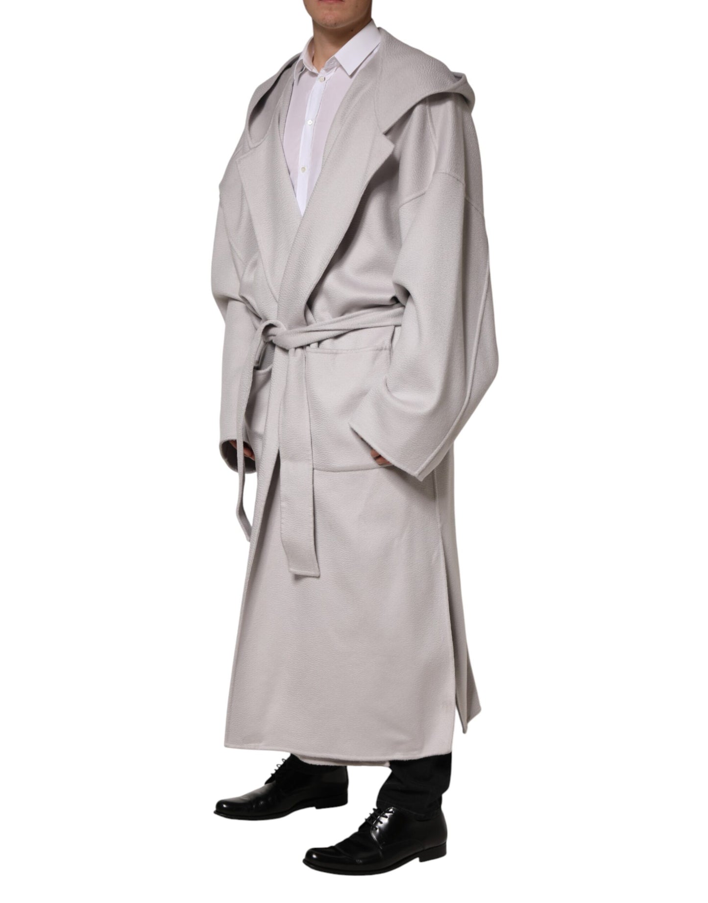 Dolce & Gabbana Off White Belted Oversized Hooded Trench Coat for Men