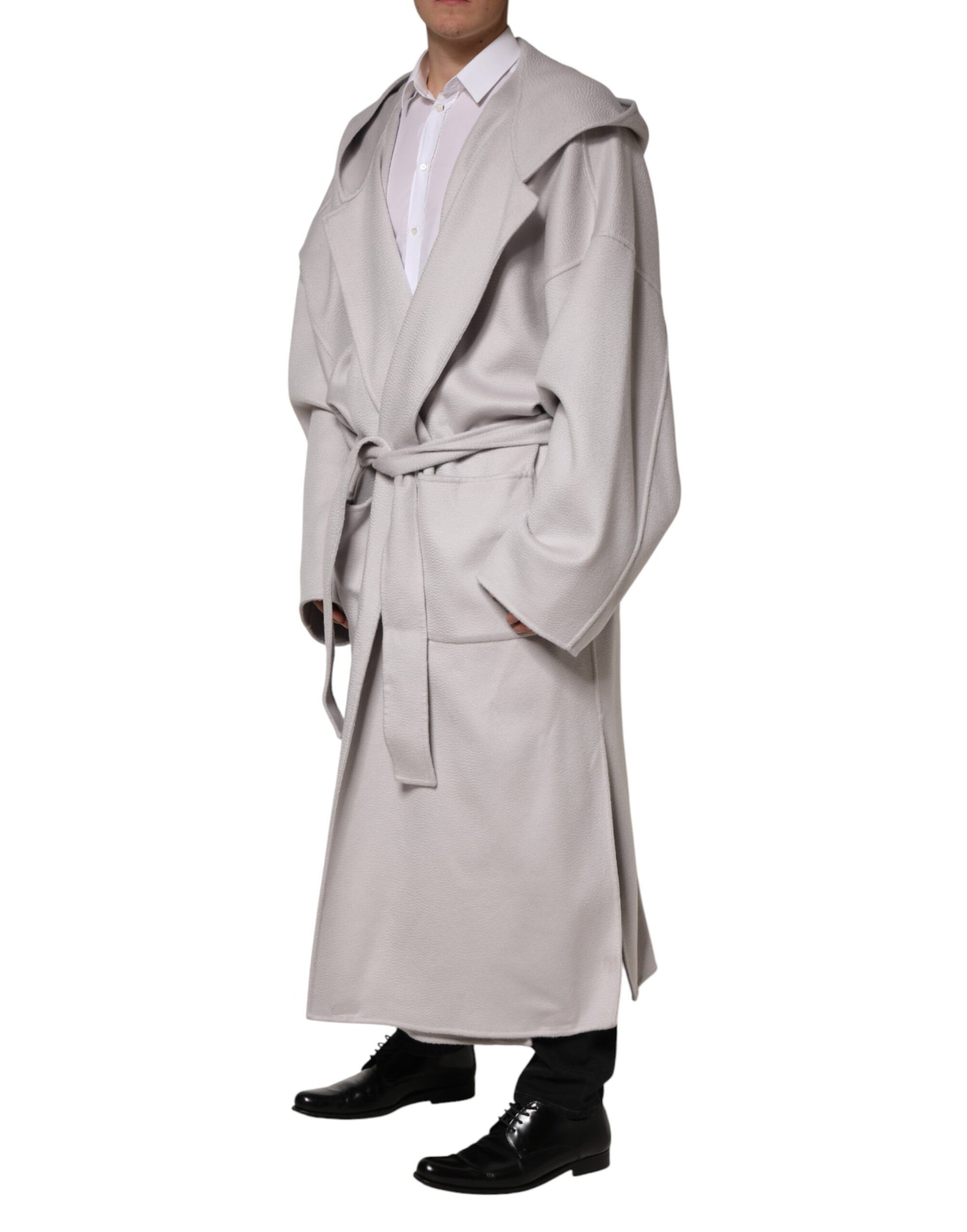 Dolce & Gabbana Off White Belted Oversized Hooded Trench Coat for Men