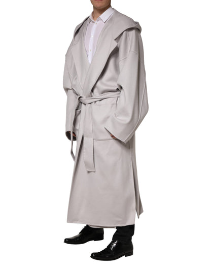 Dolce & Gabbana Off White Belted Oversized Hooded Trench Coat for Men
