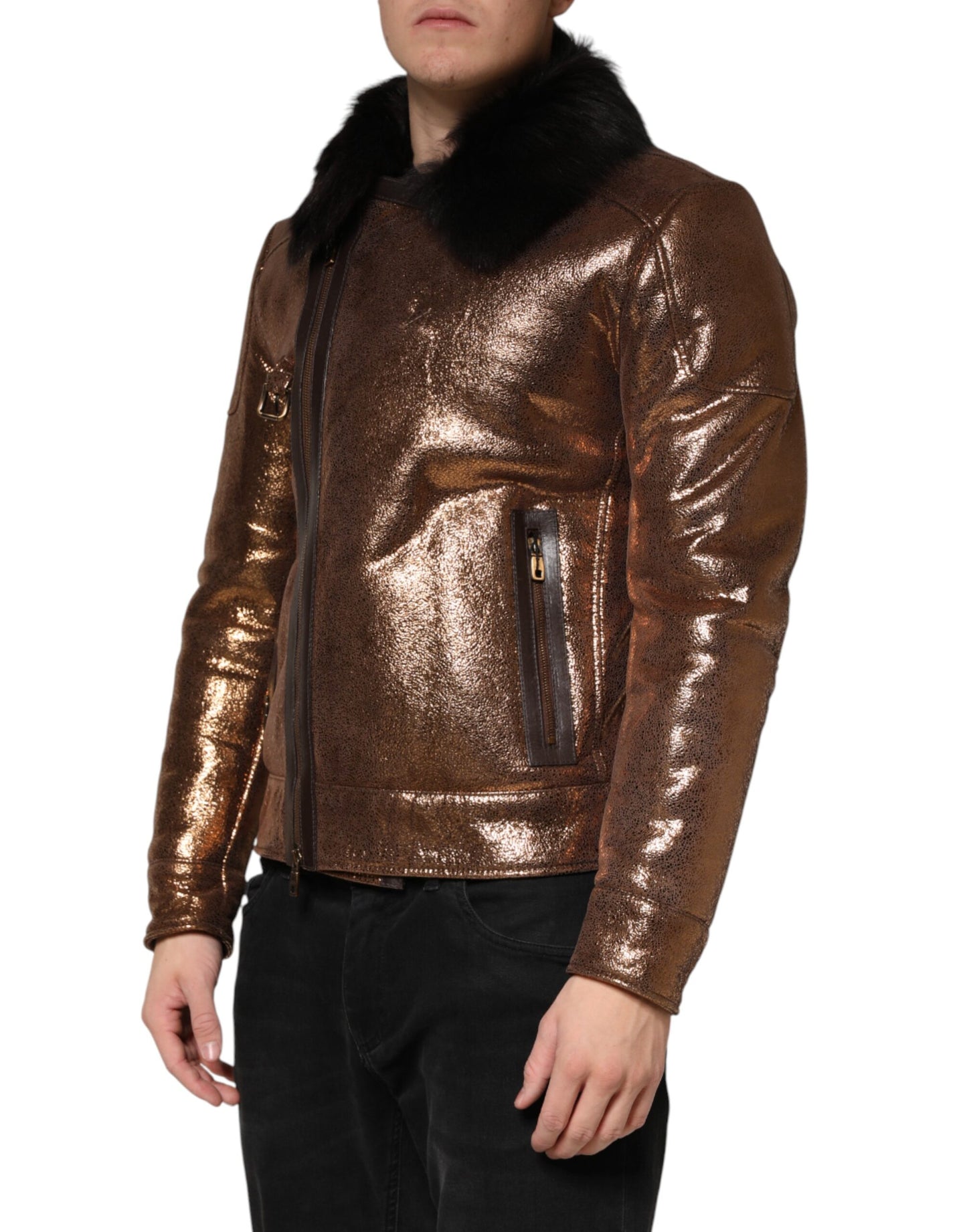 Dolce & Gabbana Bronze Leather Fur Full Zip Men Biker Jacket