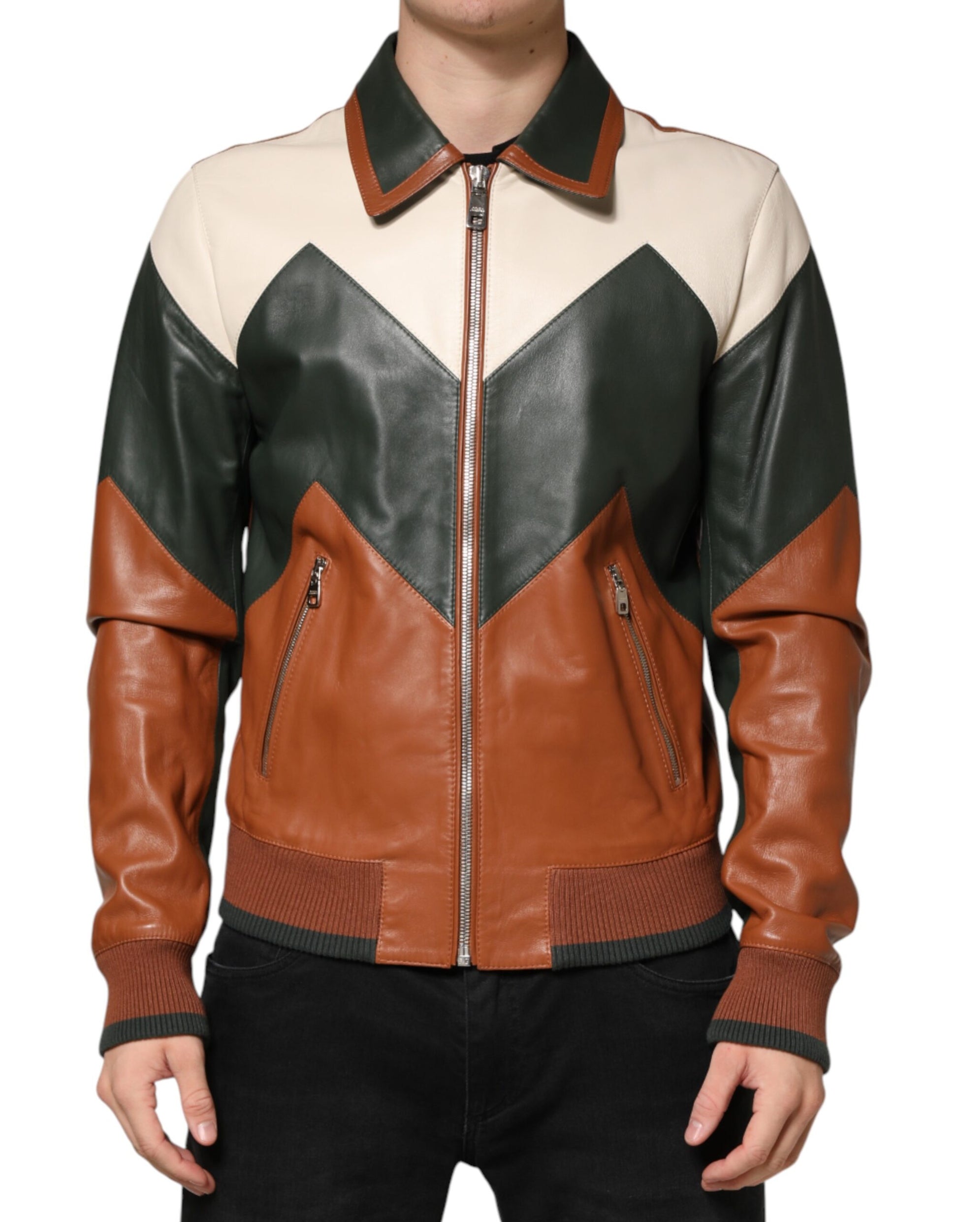 Dolce & Gabbana Multicolor Leather Full Zip Biker Jacket for Men