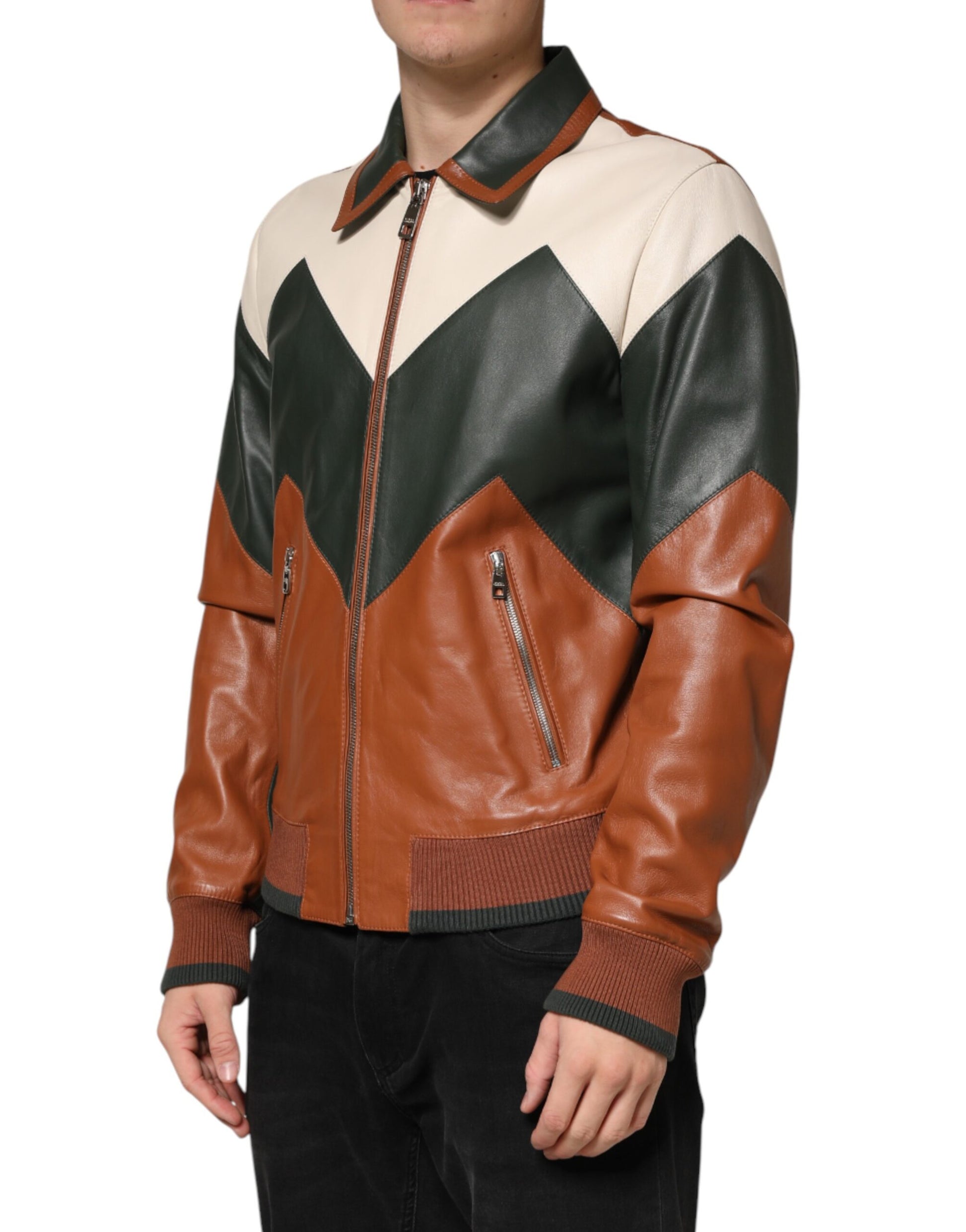 Dolce & Gabbana Multicolor Leather Full Zip Biker Jacket for Men