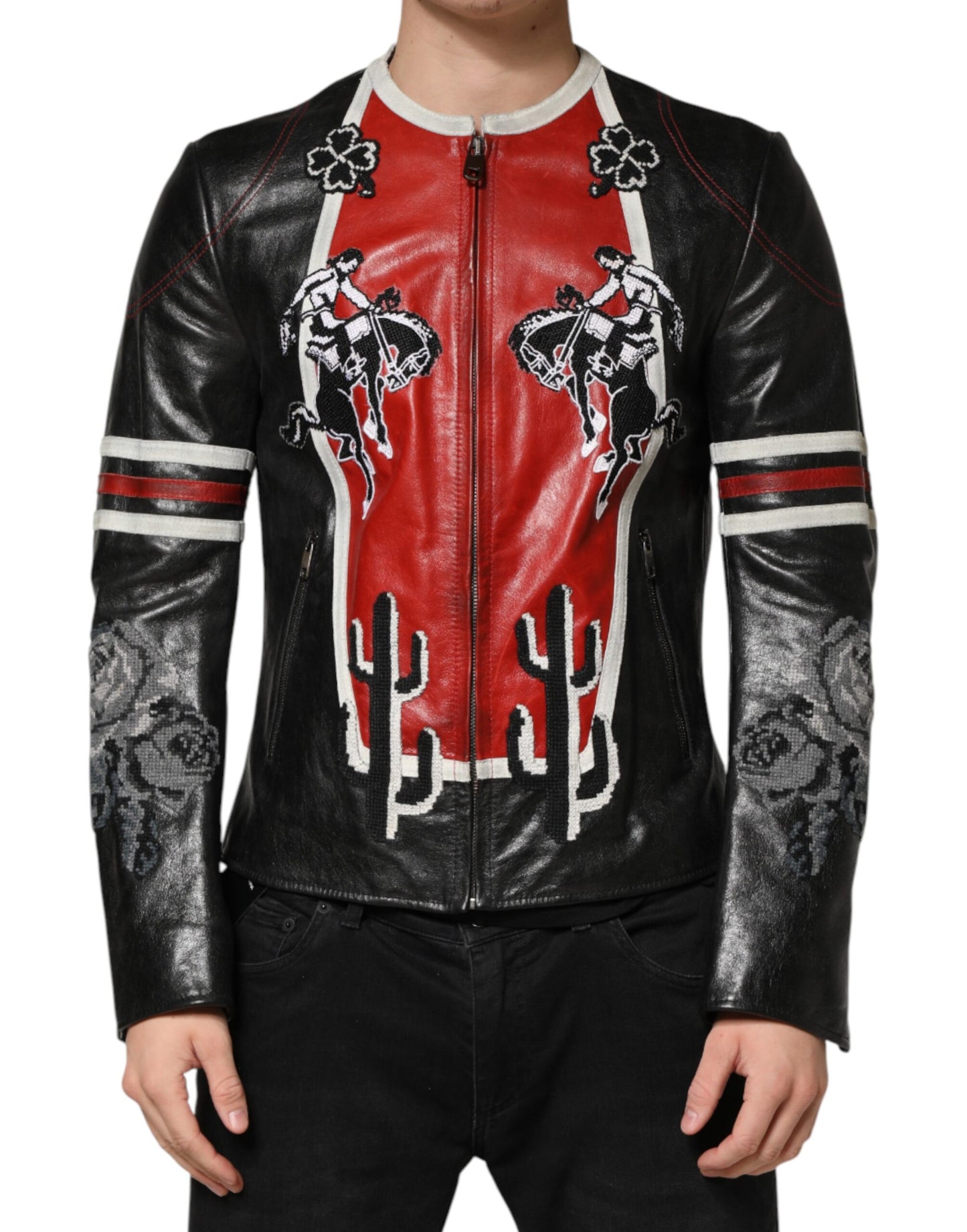 Dolce & Gabbana Black/Red/White Guns n' Roses Full Zip Men Biker Jacket