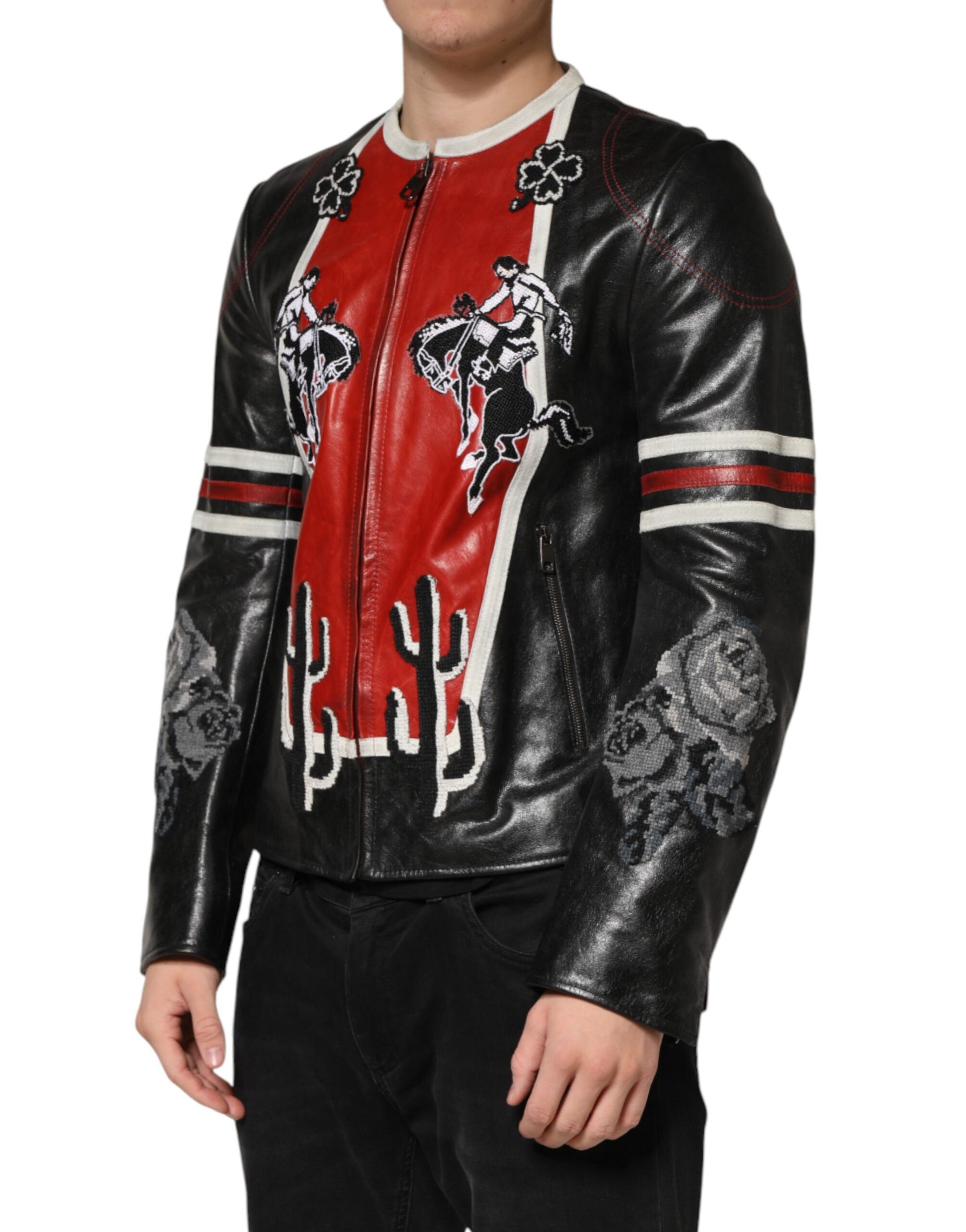 Dolce & Gabbana Black/Red/White Guns n' Roses Full Zip Men Biker Jacket