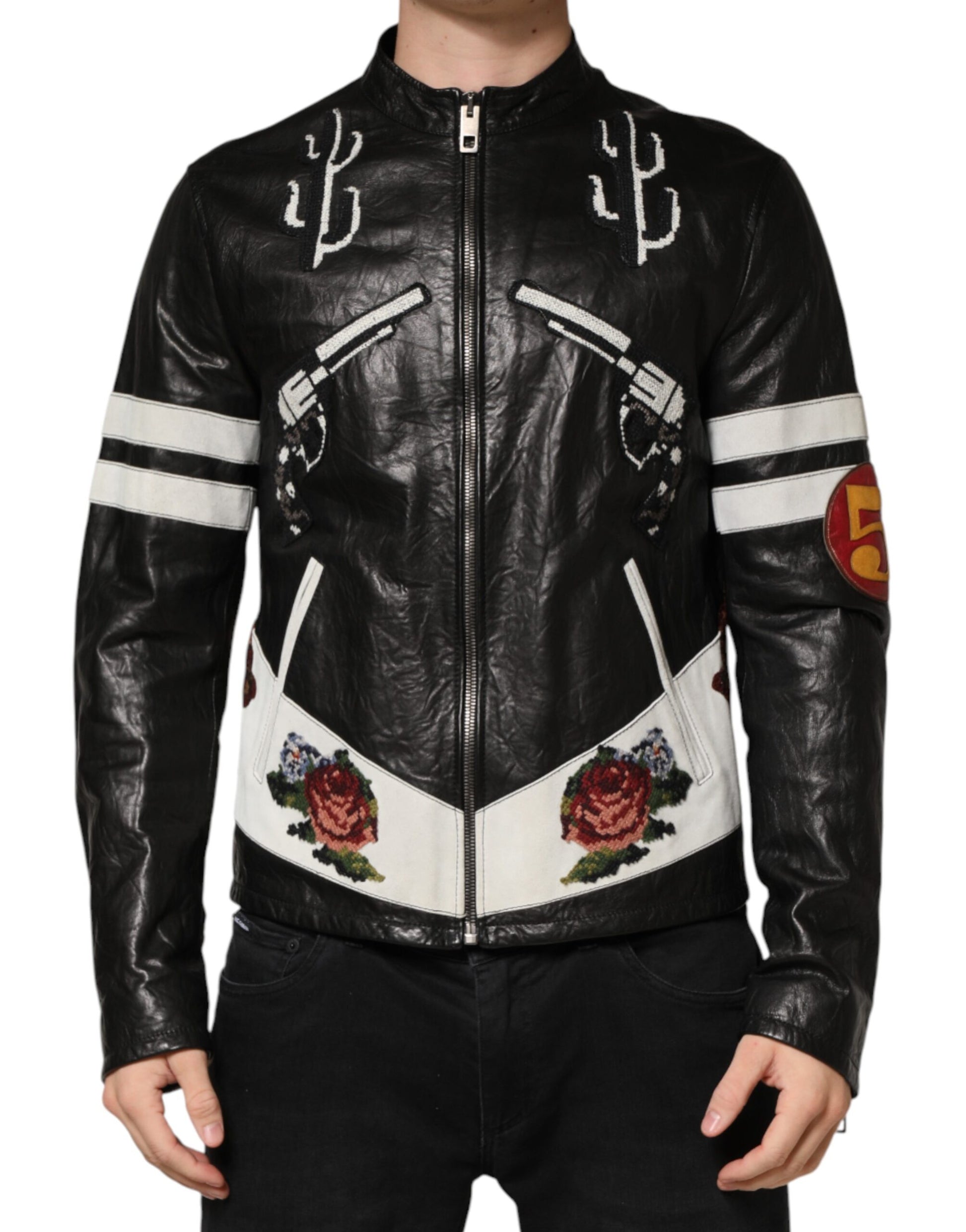 Dolce & Gabbana AW2016 Black Leather Guns & Roses Embroidered Biker Jacket – Men