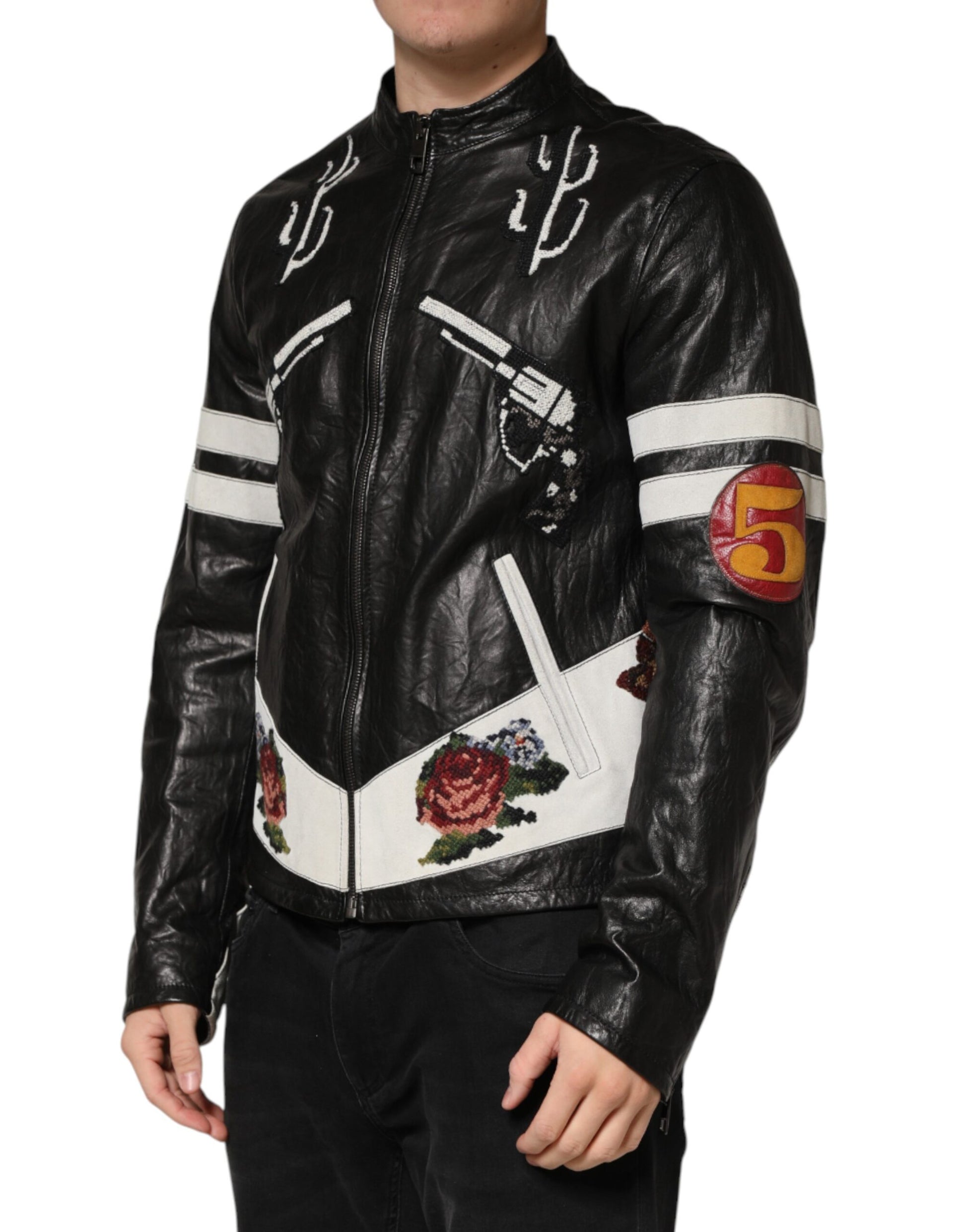 Dolce & Gabbana AW2016 Black Leather Guns & Roses Embroidered Biker Jacket – Men