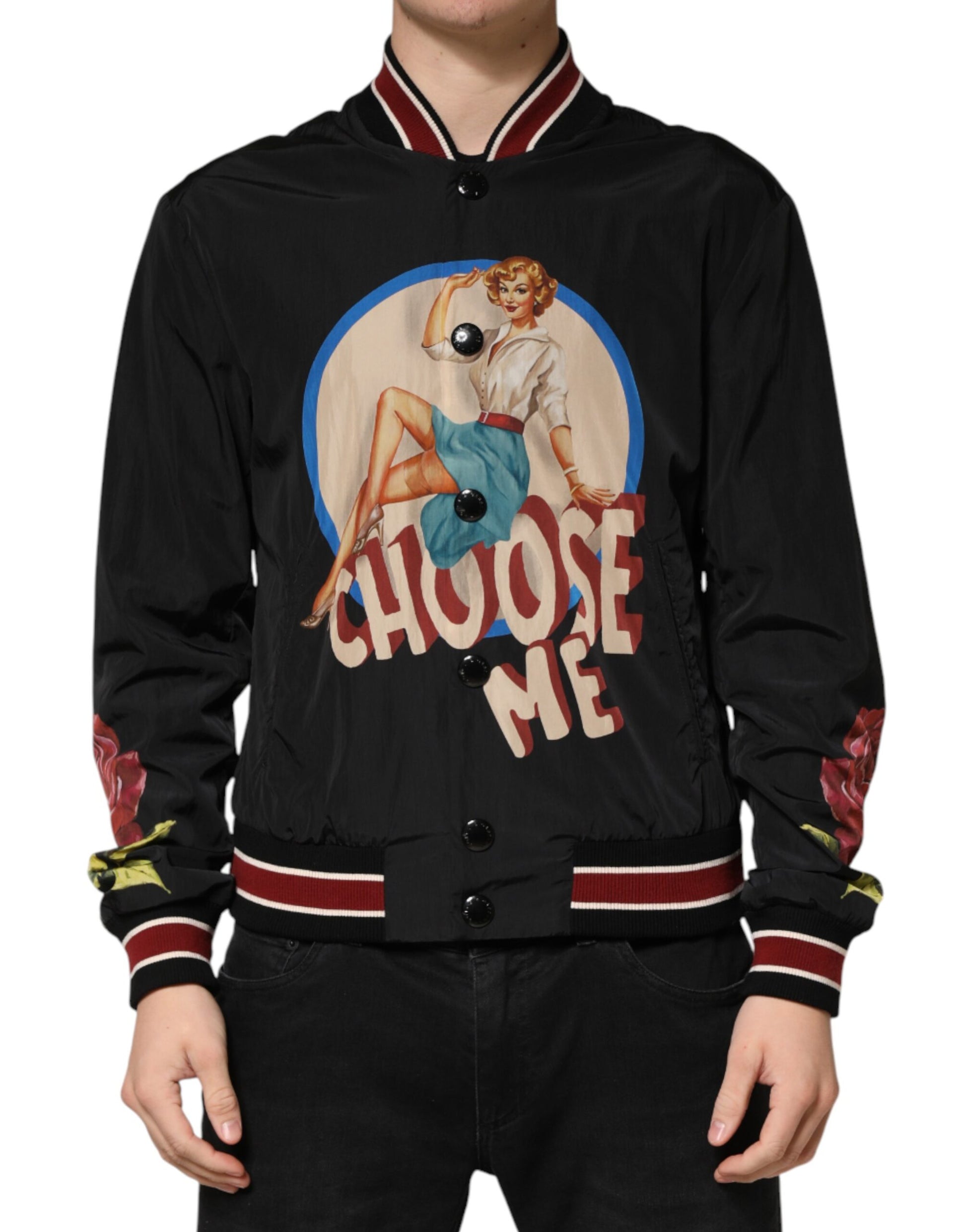 Dolce & Gabbana Black Pin Up Button Down Men Bomber Jacket